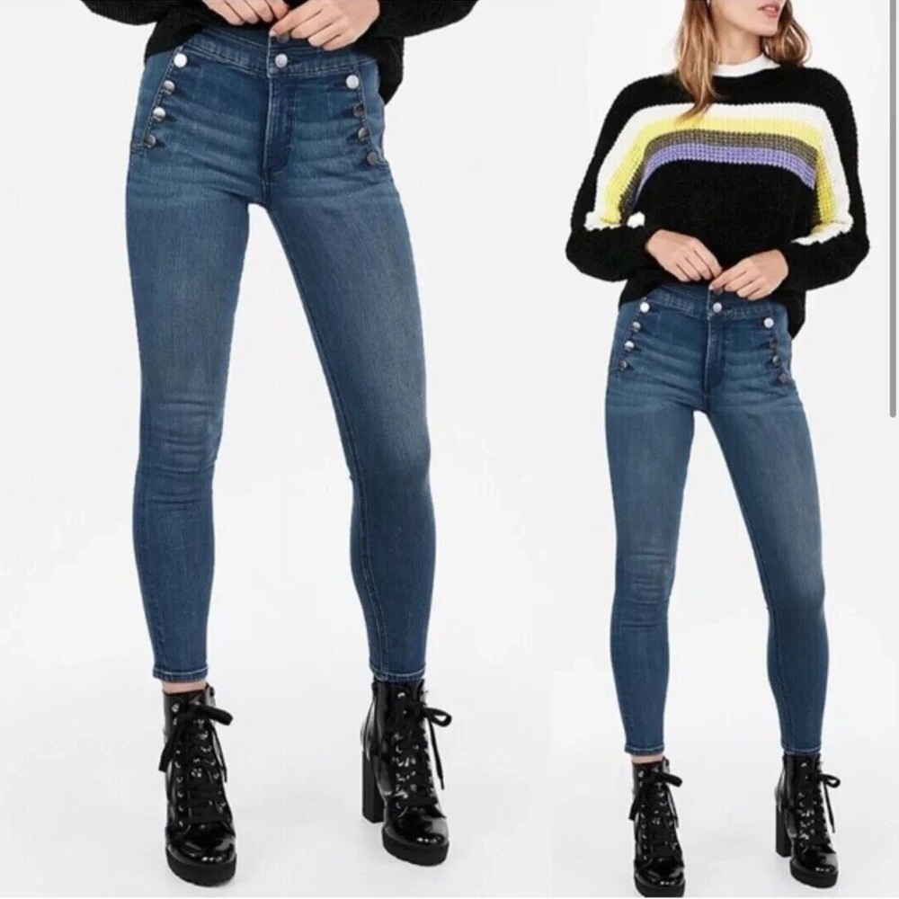 Express 4R Blue High Rise Skinny Ankle Jeans Sailorcore Coastal Button
A180